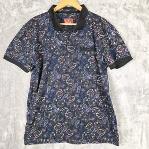 Consequence Short Sleeve Polo Shirt Blue Red Paisley Floral Mock Pocket Mens XL